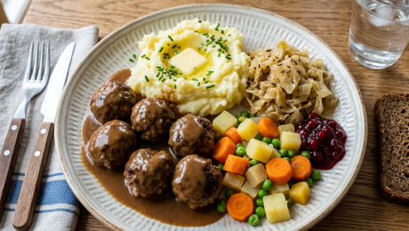 Swedish meatballs with mashed potatoes, vegetables, gravy, and lingonberry sauce