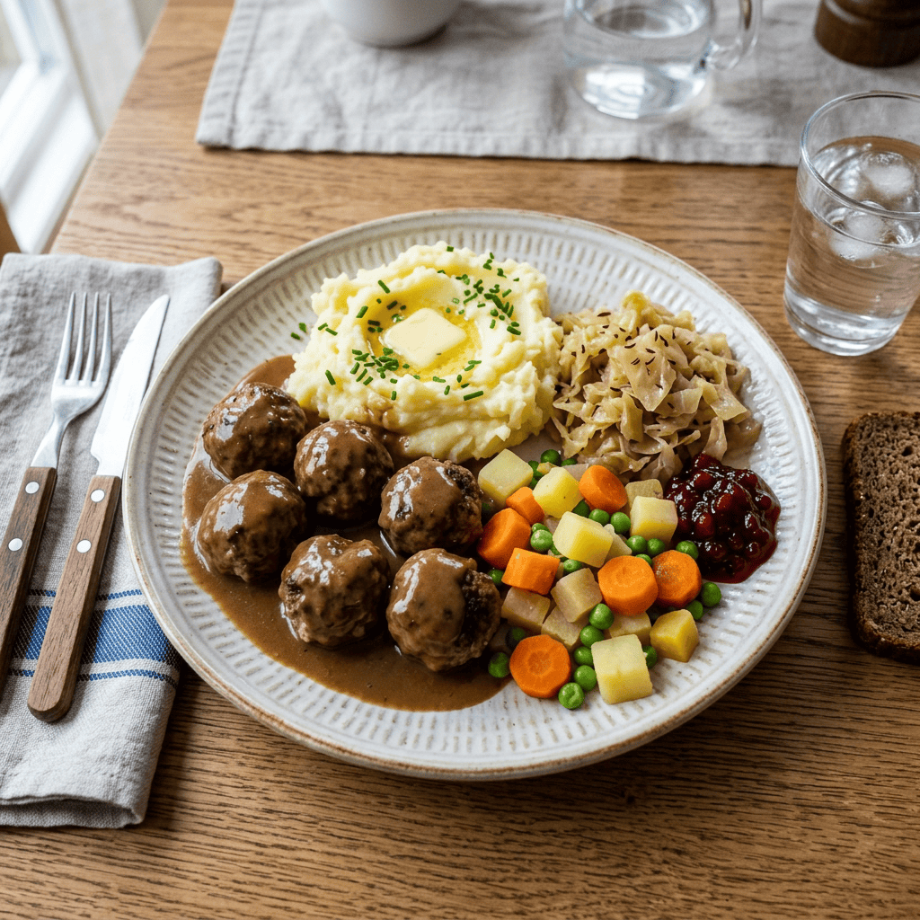 Swedish meatballs with mashed potatoes, vegetables, gravy, and lingonberry sauce